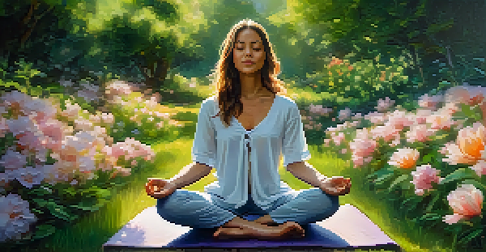 A person practicing mindfulness in a garden, sitting cross-legged on a yoga mat, surrounded by flowers and greenery.