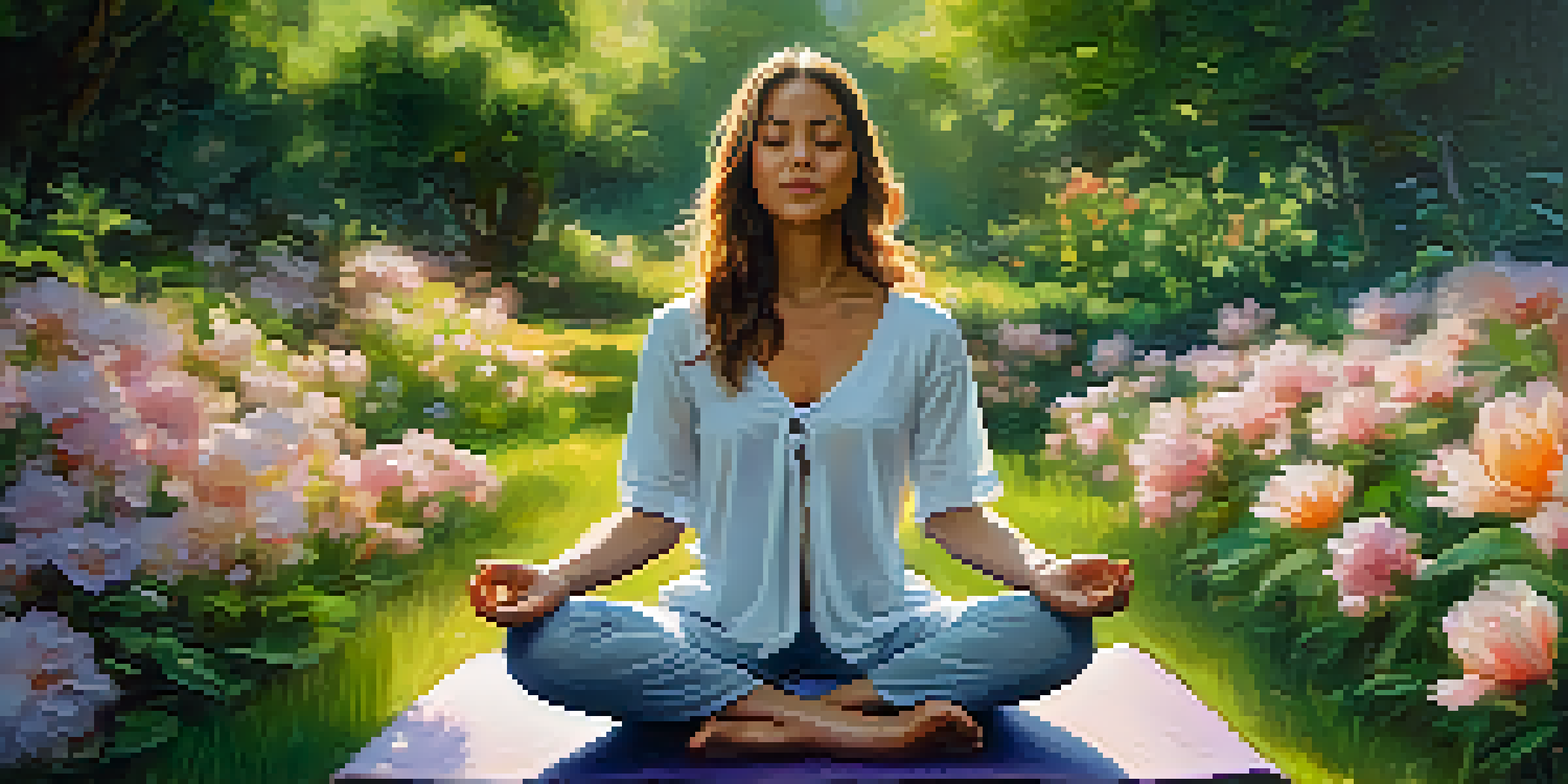 A person practicing mindfulness in a garden, sitting cross-legged on a yoga mat, surrounded by flowers and greenery.