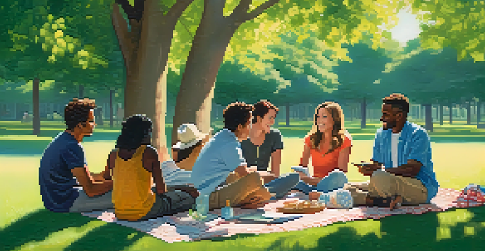 A diverse group of people sitting in a park, discussing and sharing experiences, surrounded by nature.