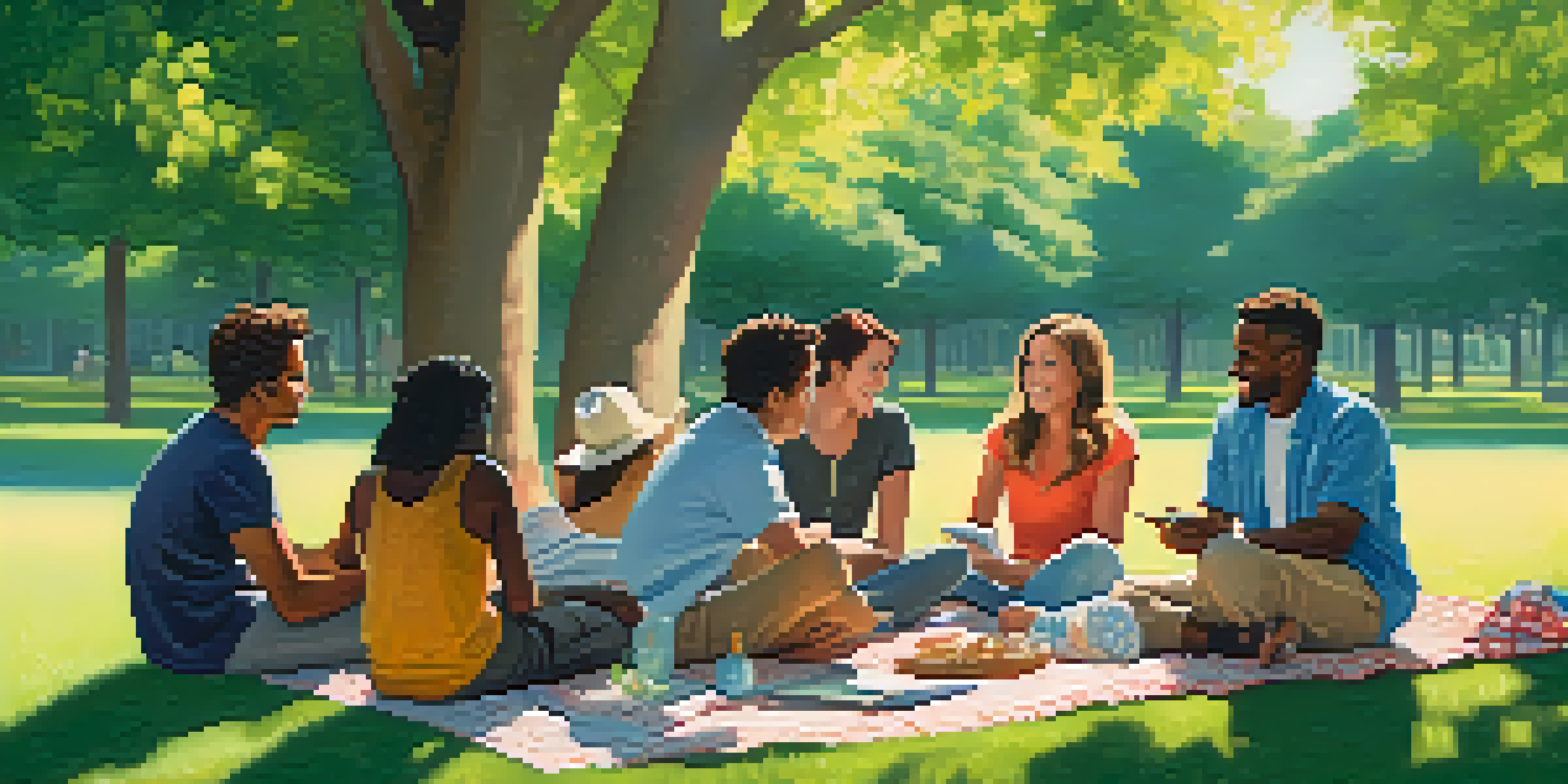 A diverse group of people sitting in a park, discussing and sharing experiences, surrounded by nature.