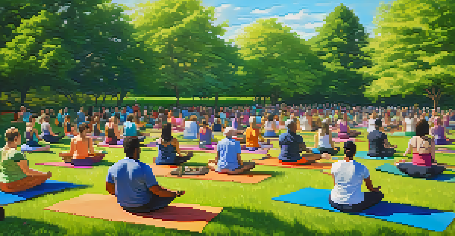 A diverse group of individuals practicing yoga together in a park on colorful mats.