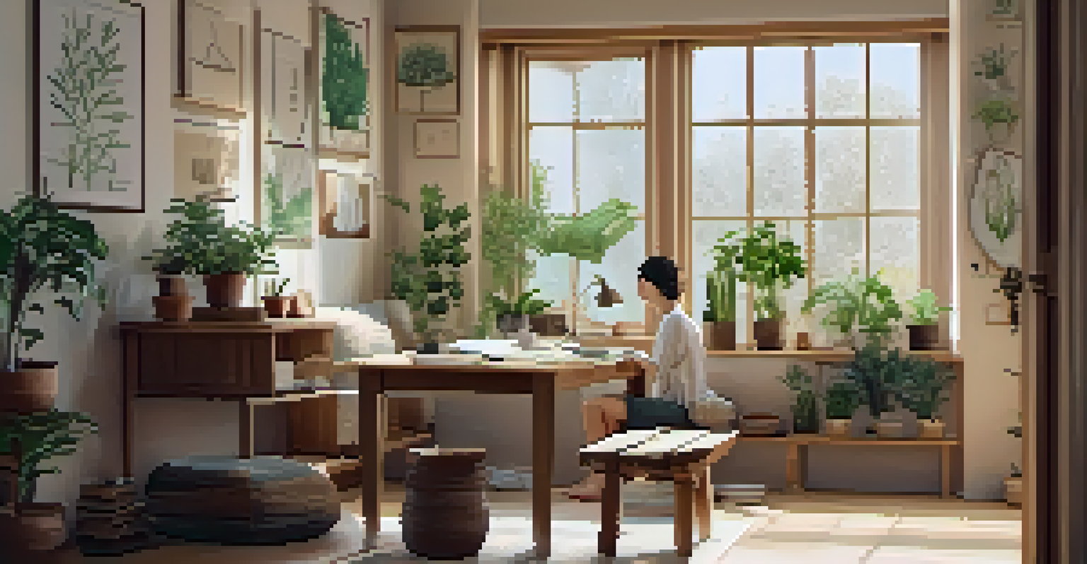 A person journaling mindfully at a wooden table in a cozy, sunlit room.