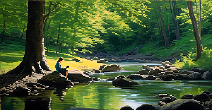 A person sitting on a rock by a stream in a green forest, writing in a notebook.