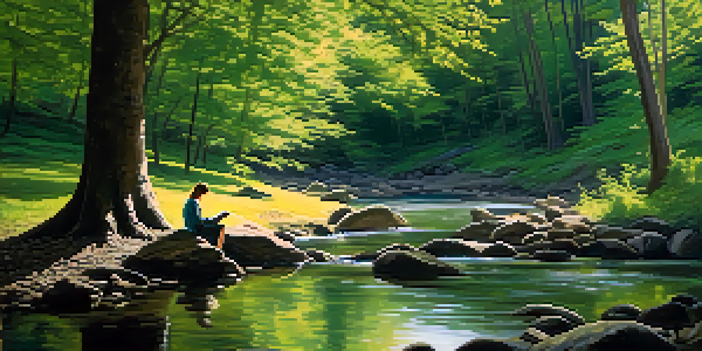 A person sitting on a rock by a stream in a green forest, writing in a notebook.