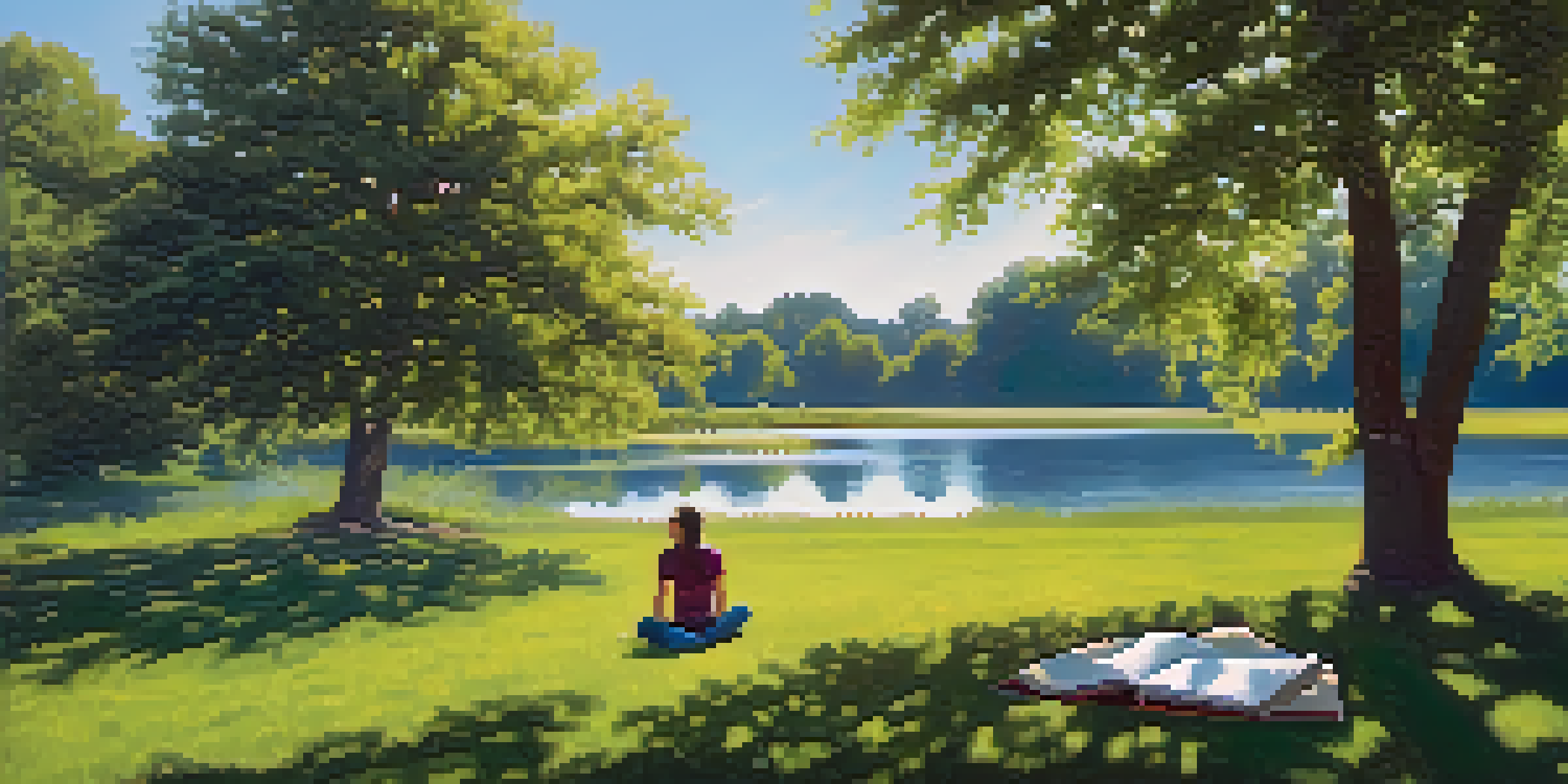 A person journaling by a tranquil lake surrounded by green trees, reflecting on their thoughts in soft sunlight.