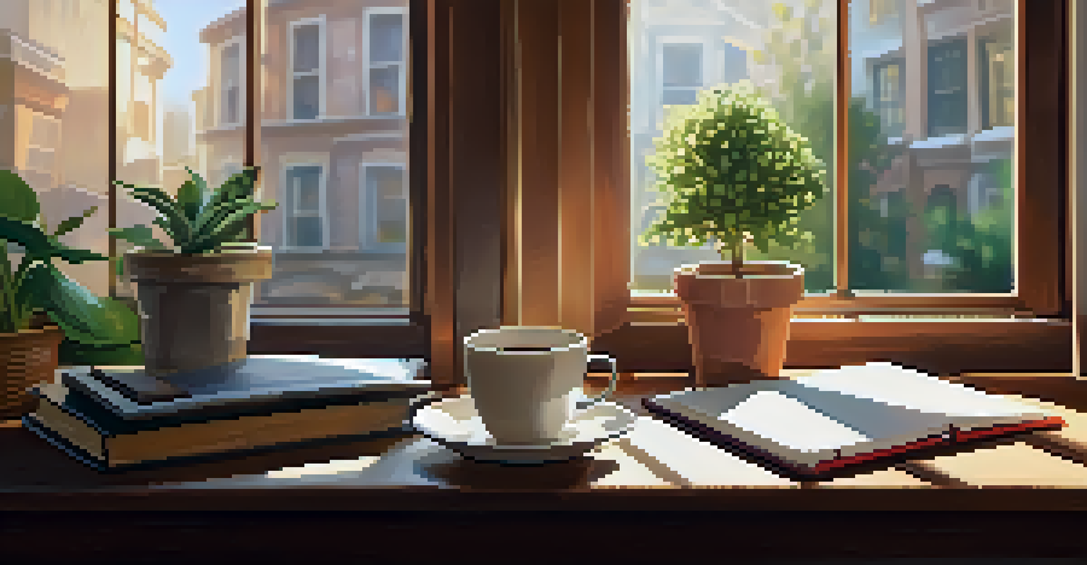 An inspiring workspace with a wooden desk, open notebook, coffee cup, and a potted plant bathed in warm morning light.
