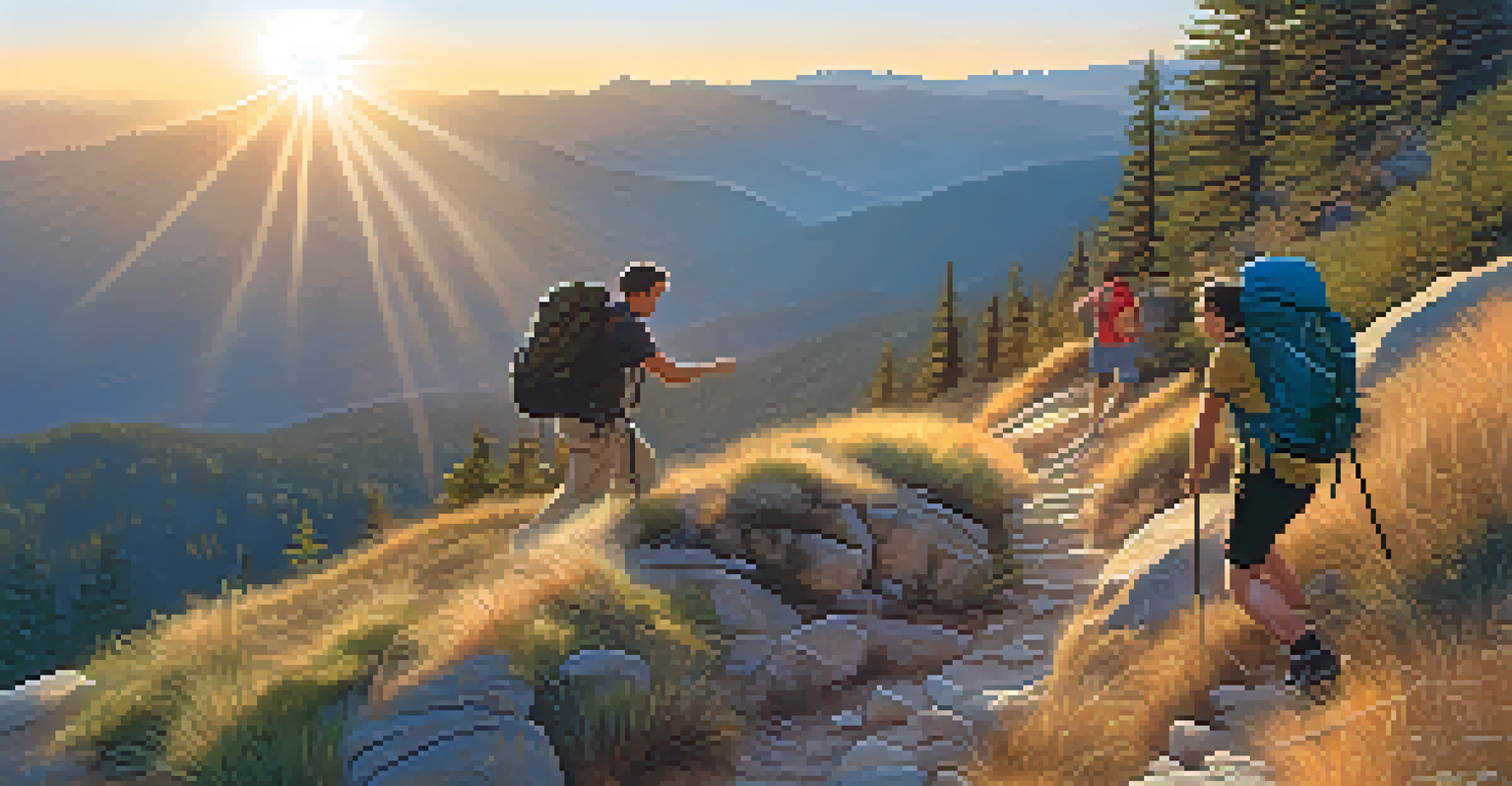 Two hikers on a mountain trail, one offering encouragement to the other as they climb.