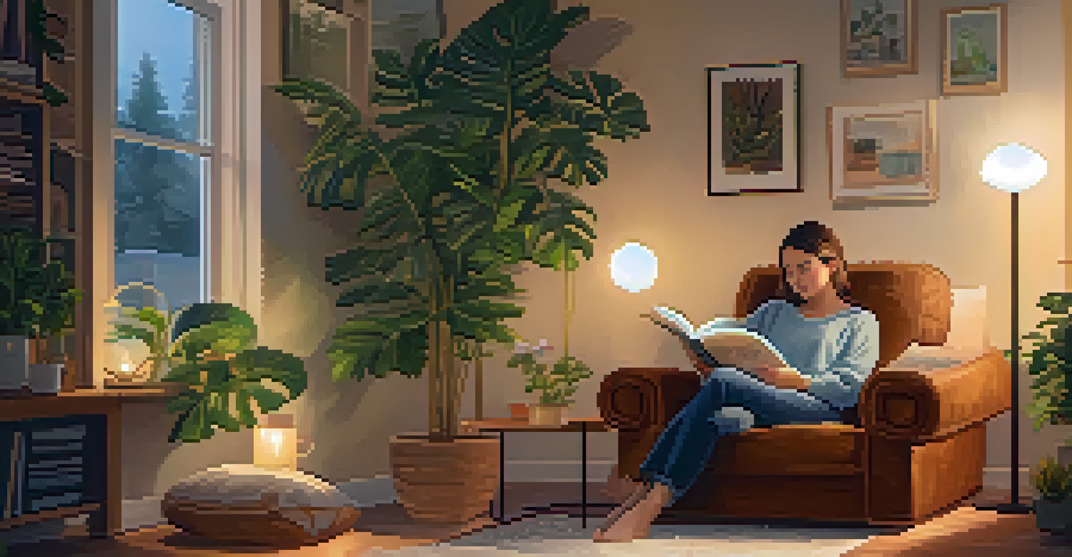 A person reading a book in a cozy room with soft lighting and plants, representing self-care.