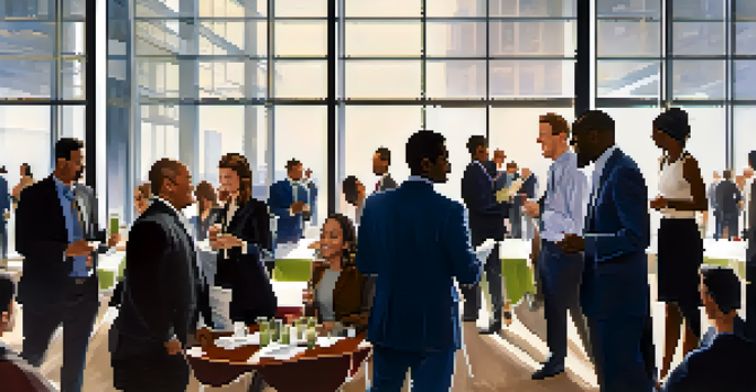 A vibrant networking event with people in business attire talking and exchanging business cards in a well-lit conference room.
