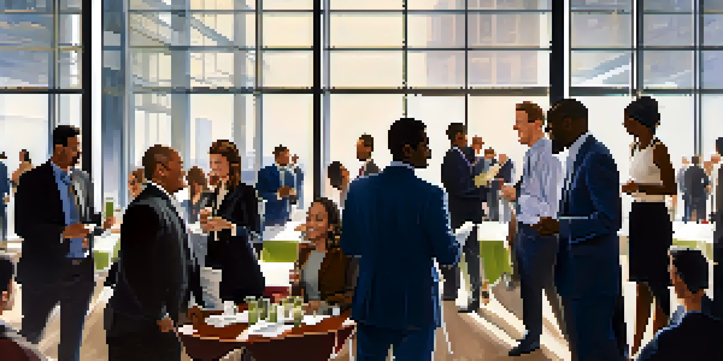 A vibrant networking event with people in business attire talking and exchanging business cards in a well-lit conference room.