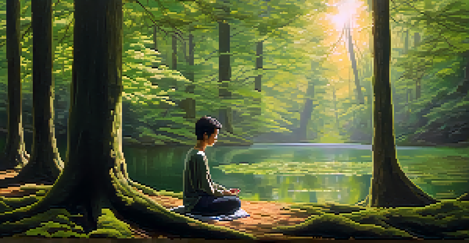 A person meditating in a tranquil forest, representing mindfulness and emotional awareness.