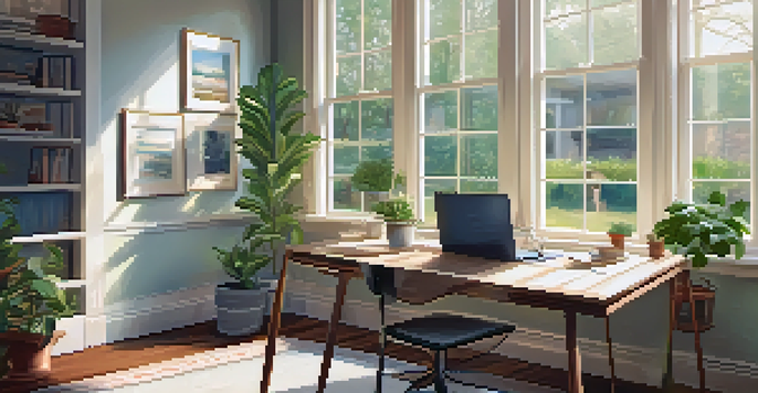 A calming home office with a window showing a garden, featuring a laptop, a coffee cup, and a plant on the desk.