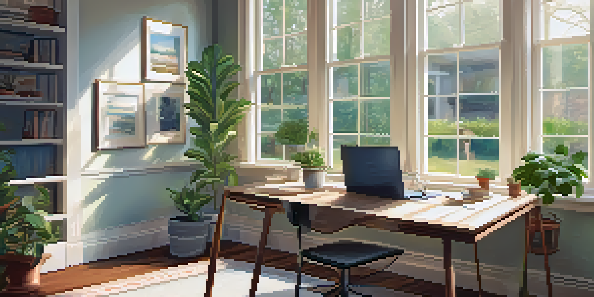A calming home office with a window showing a garden, featuring a laptop, a coffee cup, and a plant on the desk.