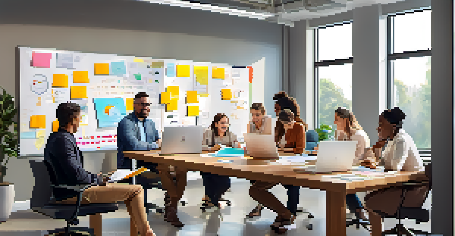 A group of diverse individuals collaborating in a bright office, discussing goals and strategies around a table with laptops and sticky notes.