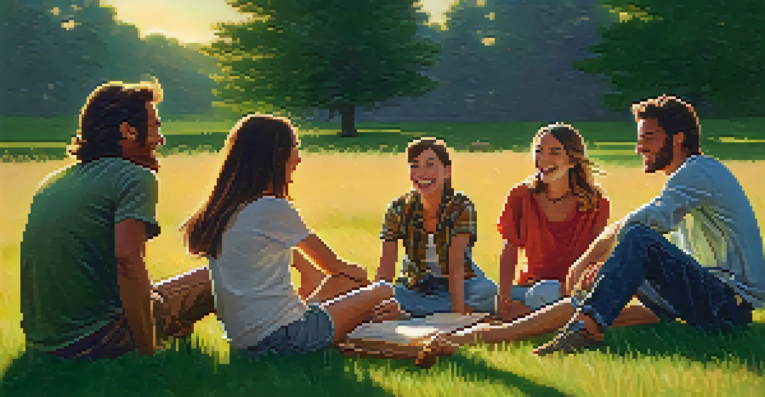 A group of friends sitting in a circle on a grassy field, sharing stories during sunset.