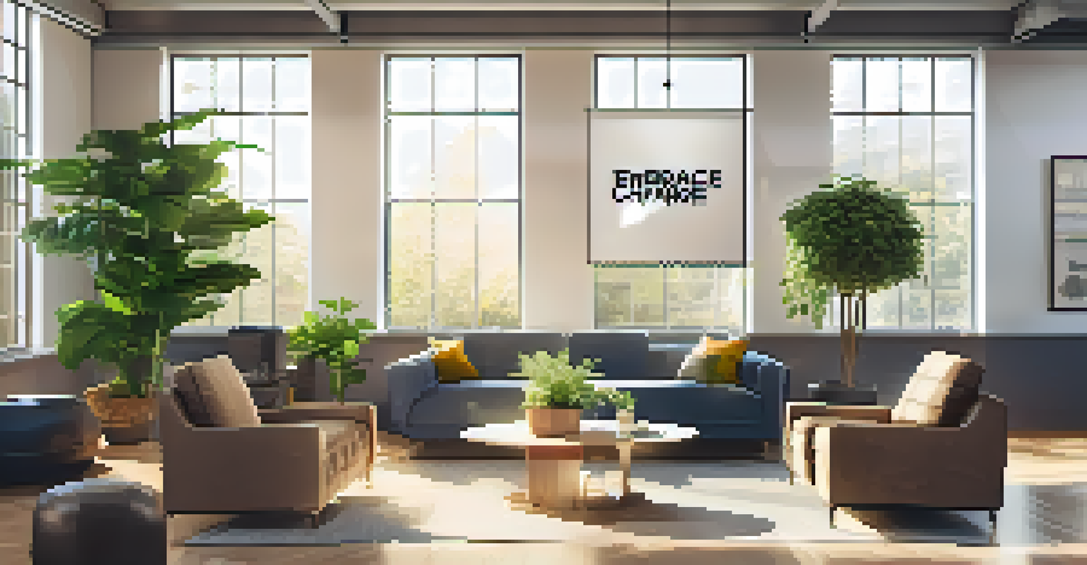 An inviting office space with a motivational poster that says 'Embrace Change', surrounded by greenery and natural light.