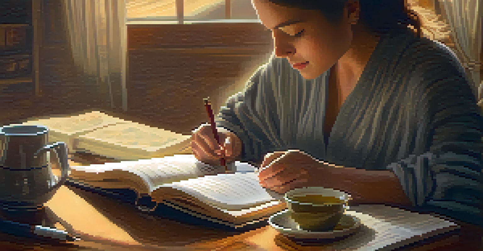 A close-up of a person writing in a journal, with a cup of tea nearby, in a cozy and warmly lit setting.