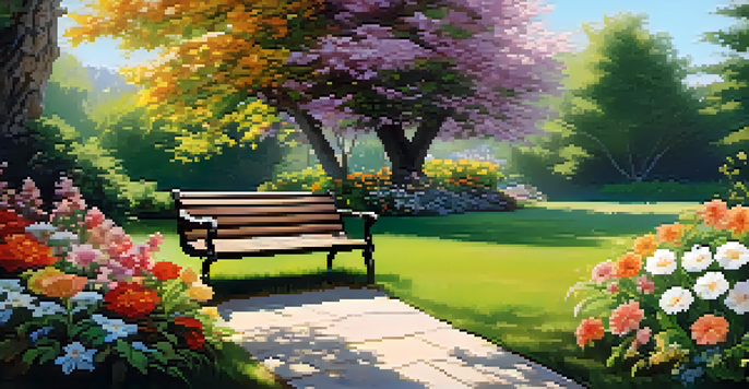 A vibrant garden with blooming flowers and sunlight filtering through the leaves, featuring a wooden bench under a tree.