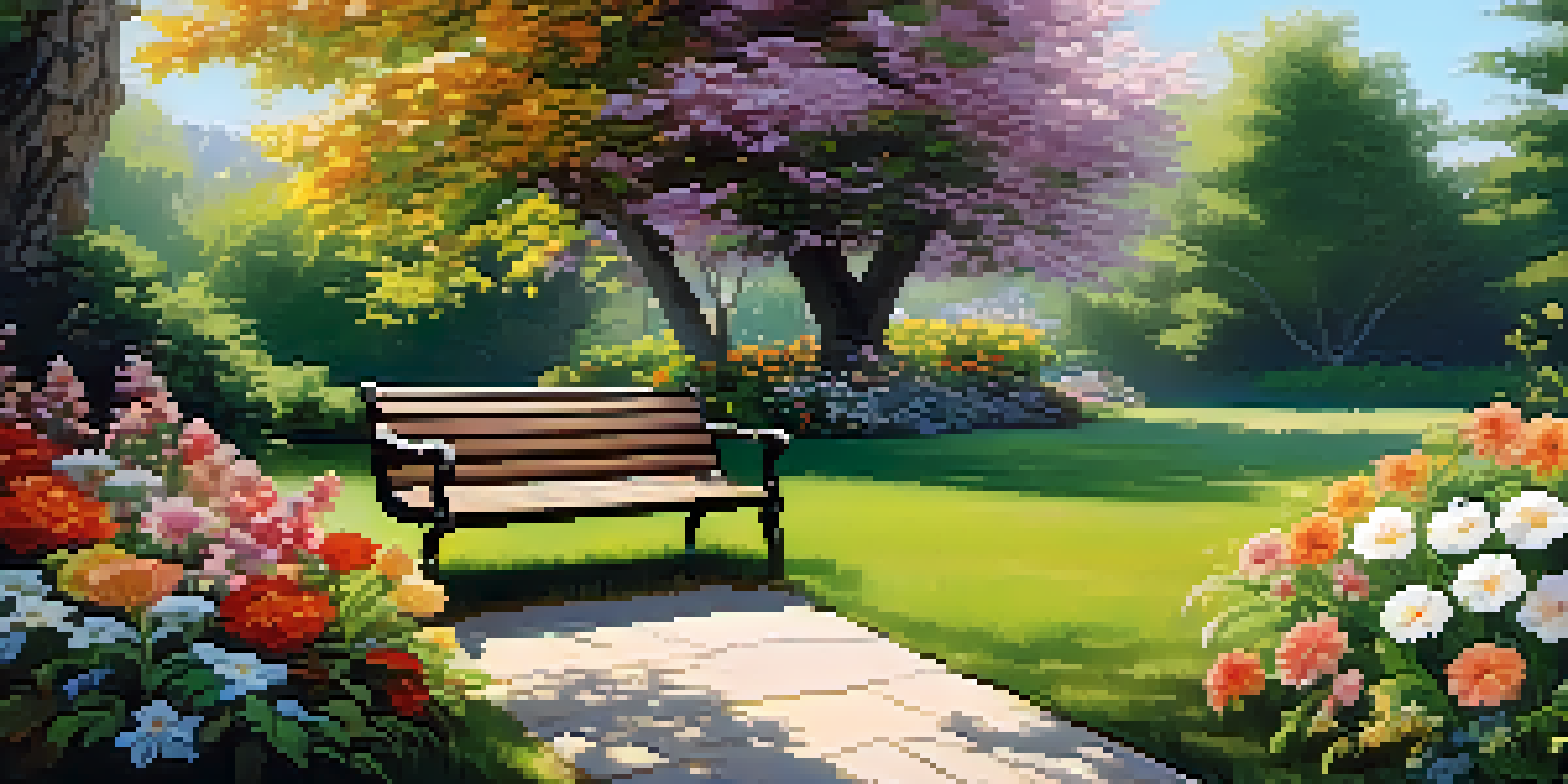 A vibrant garden with blooming flowers and sunlight filtering through the leaves, featuring a wooden bench under a tree.