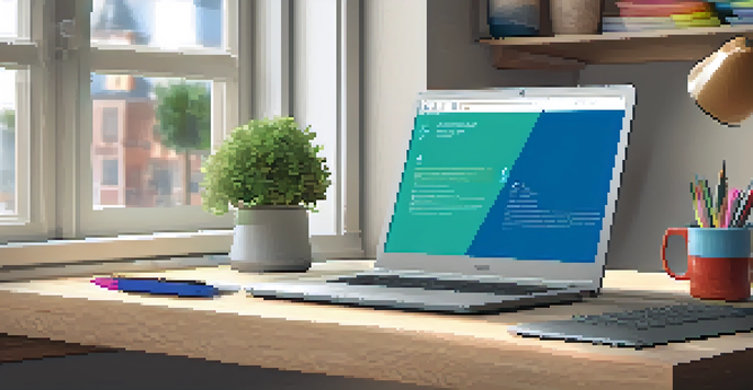 A cozy workspace with a wooden desk, laptop, stationery, a potted plant, and a coffee cup, illuminated by natural light.