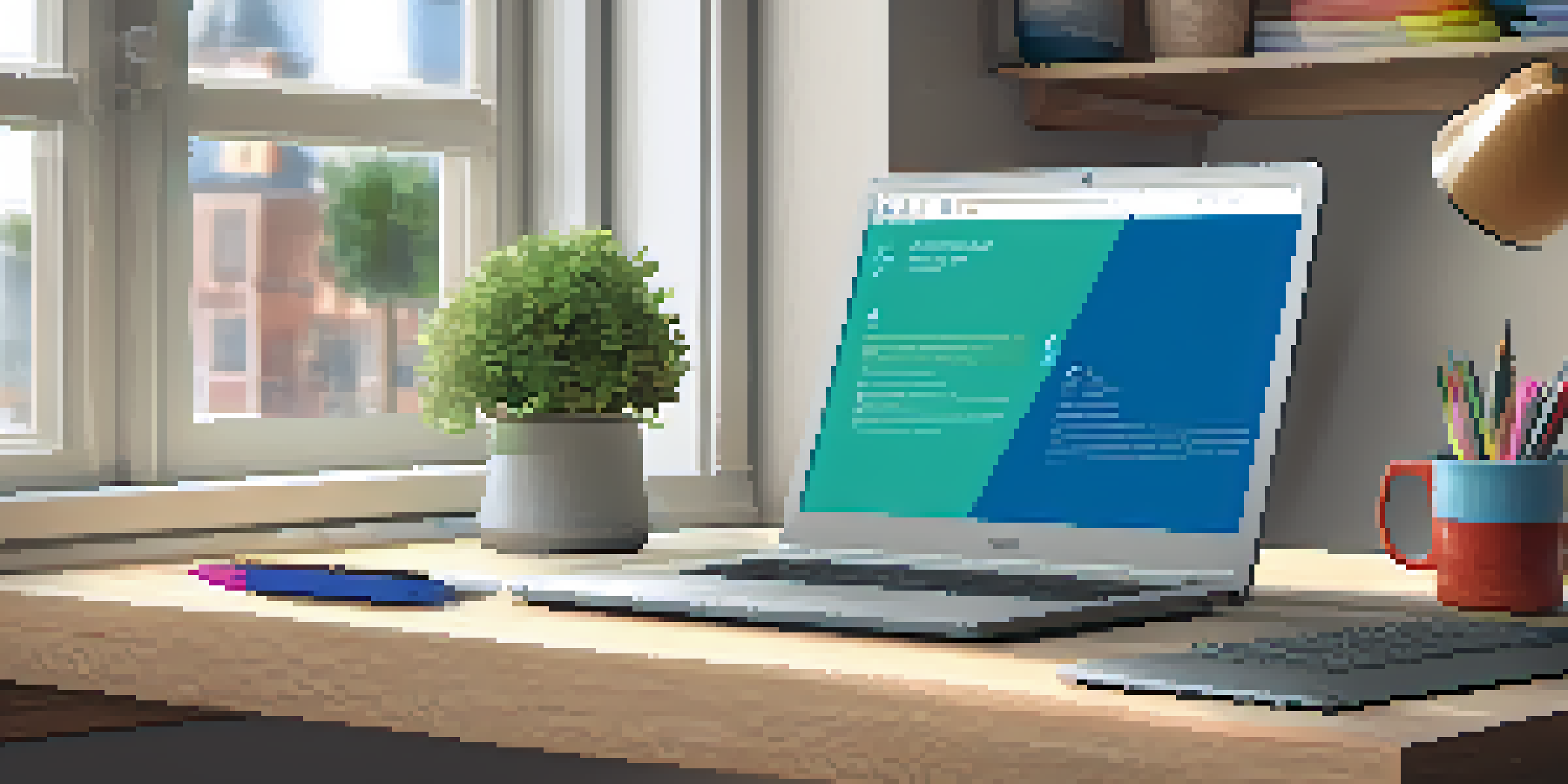 A cozy workspace with a wooden desk, laptop, stationery, a potted plant, and a coffee cup, illuminated by natural light.
