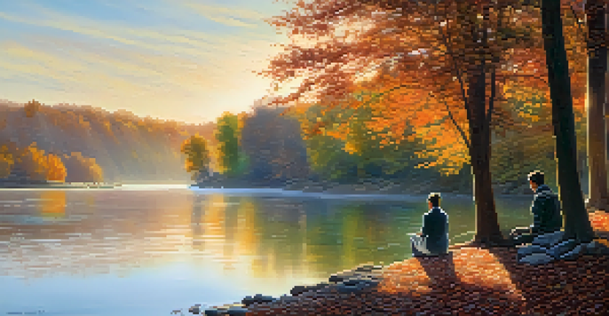 A peaceful riverside scene at sunrise, with autumn leaves floating on the water and a person engaging in mindfulness.
