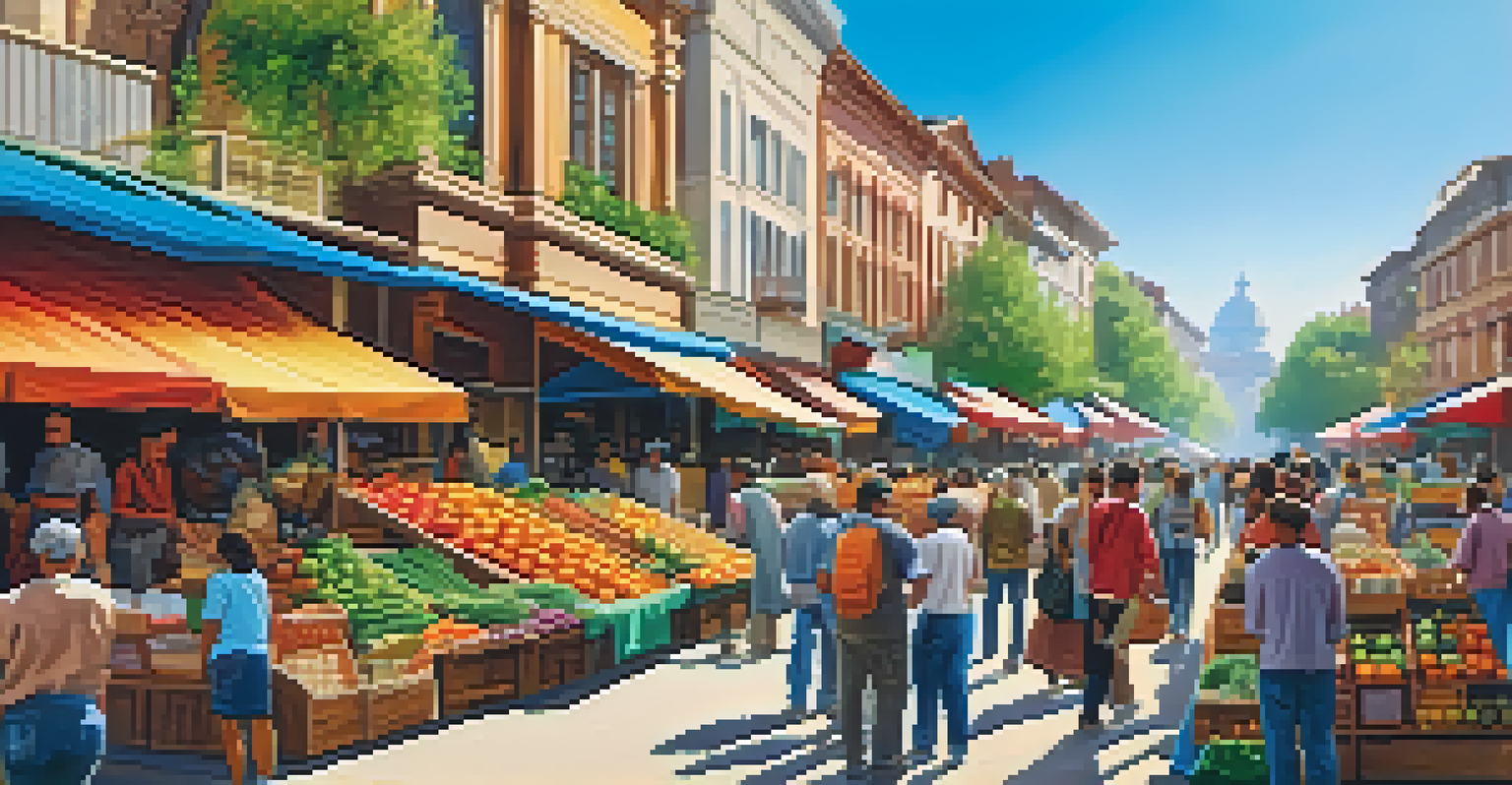 A lively street market with colorful stalls and people enjoying the atmosphere.