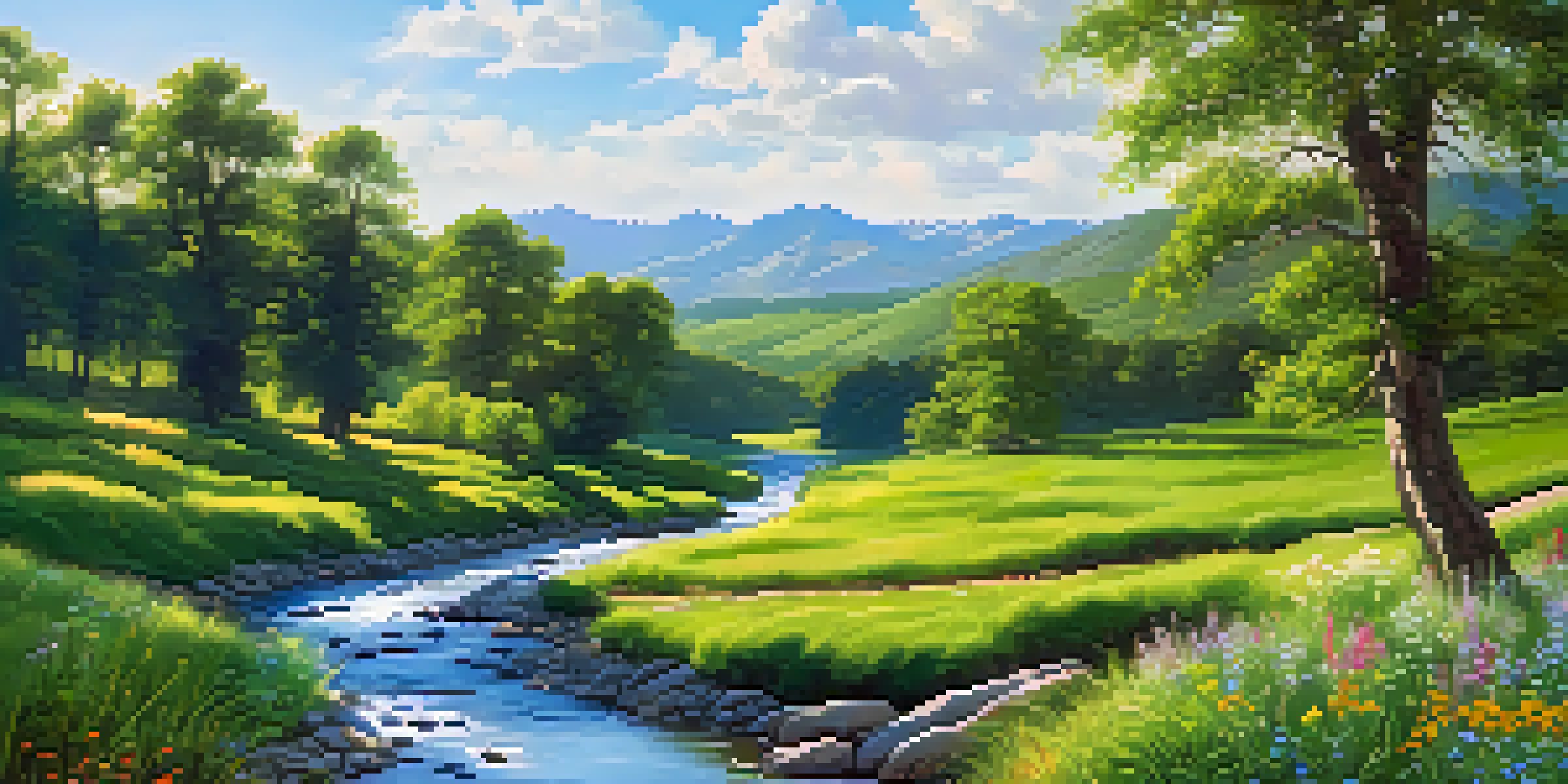 A peaceful landscape with a winding river, lush green valley, and bright blue sky, featuring vibrant wildflowers.