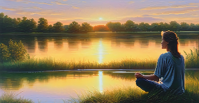 A person meditating by a calm lake at sunrise, surrounded by green trees and colorful reflections on the water.