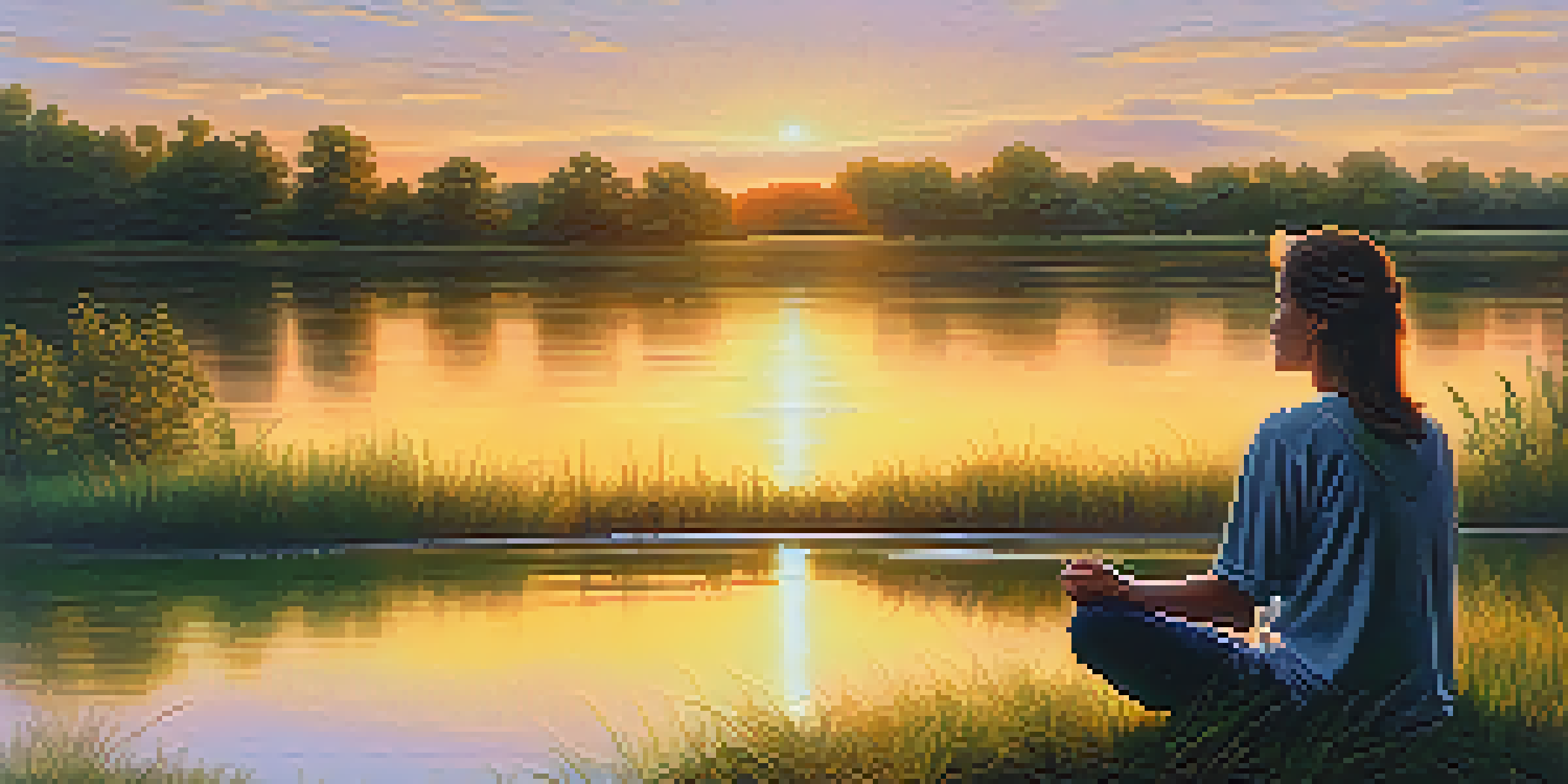 A person meditating by a calm lake at sunrise, surrounded by green trees and colorful reflections on the water.