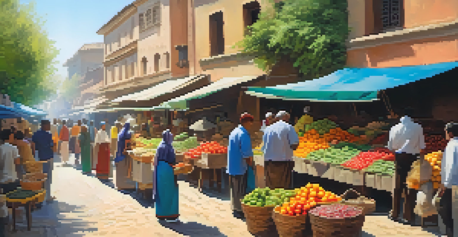 A lively local market filled with colorful stalls and locals interacting, showcasing fresh produce and handmade crafts.