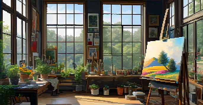 A bright artist's studio with natural light, easel, and vibrant canvas surrounded by paint supplies and framed art.