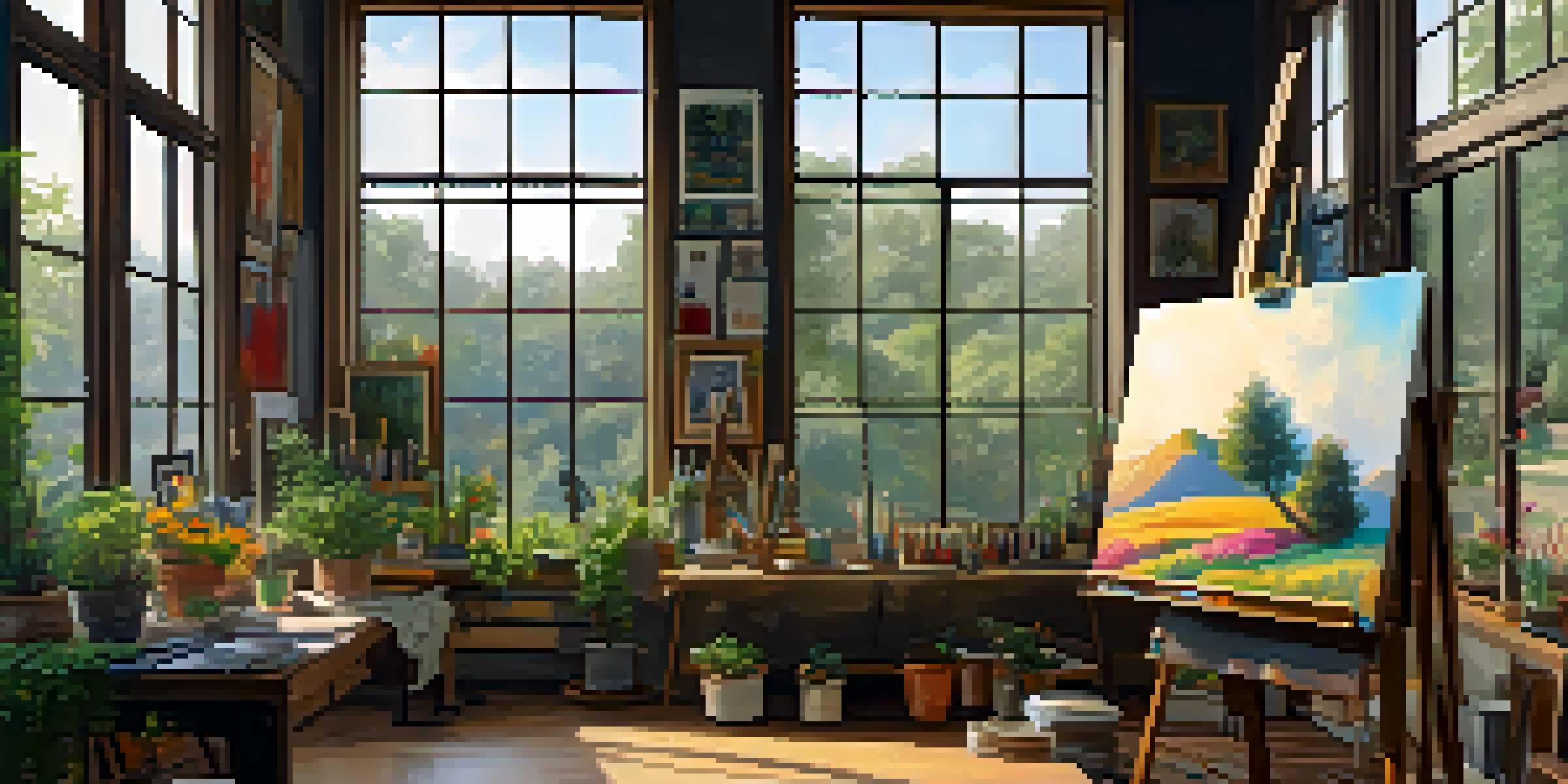 A bright artist's studio with natural light, easel, and vibrant canvas surrounded by paint supplies and framed art.