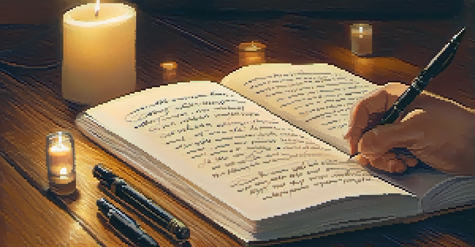 A hand writing in a journal with a fountain pen, surrounded by quotes and a candle on a wooden table.