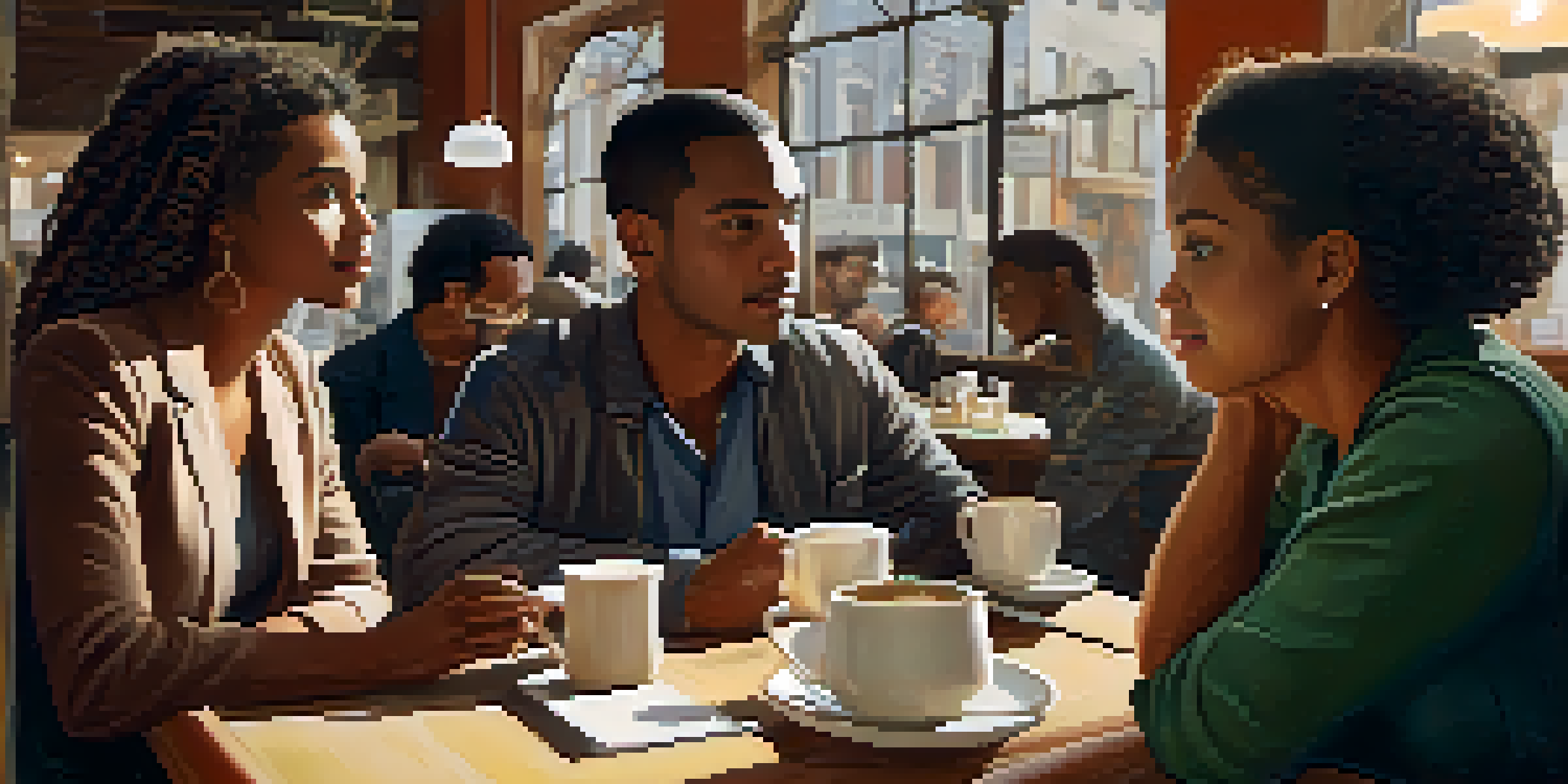 A diverse group of people in a coffee shop, displaying nonverbal communication like gestures and facial expressions during a conversation.