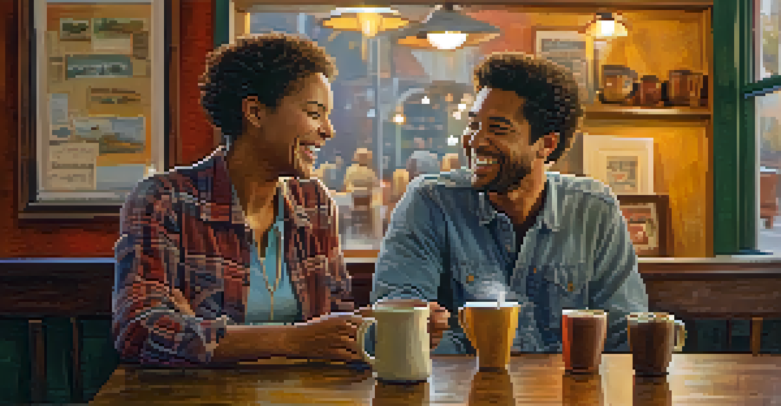 Two friends sitting in a cozy coffee shop, sharing a laugh over coffee.
