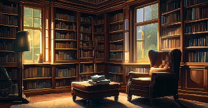 A person reading in a cozy library surrounded by books, with warm lighting and a comfortable armchair.