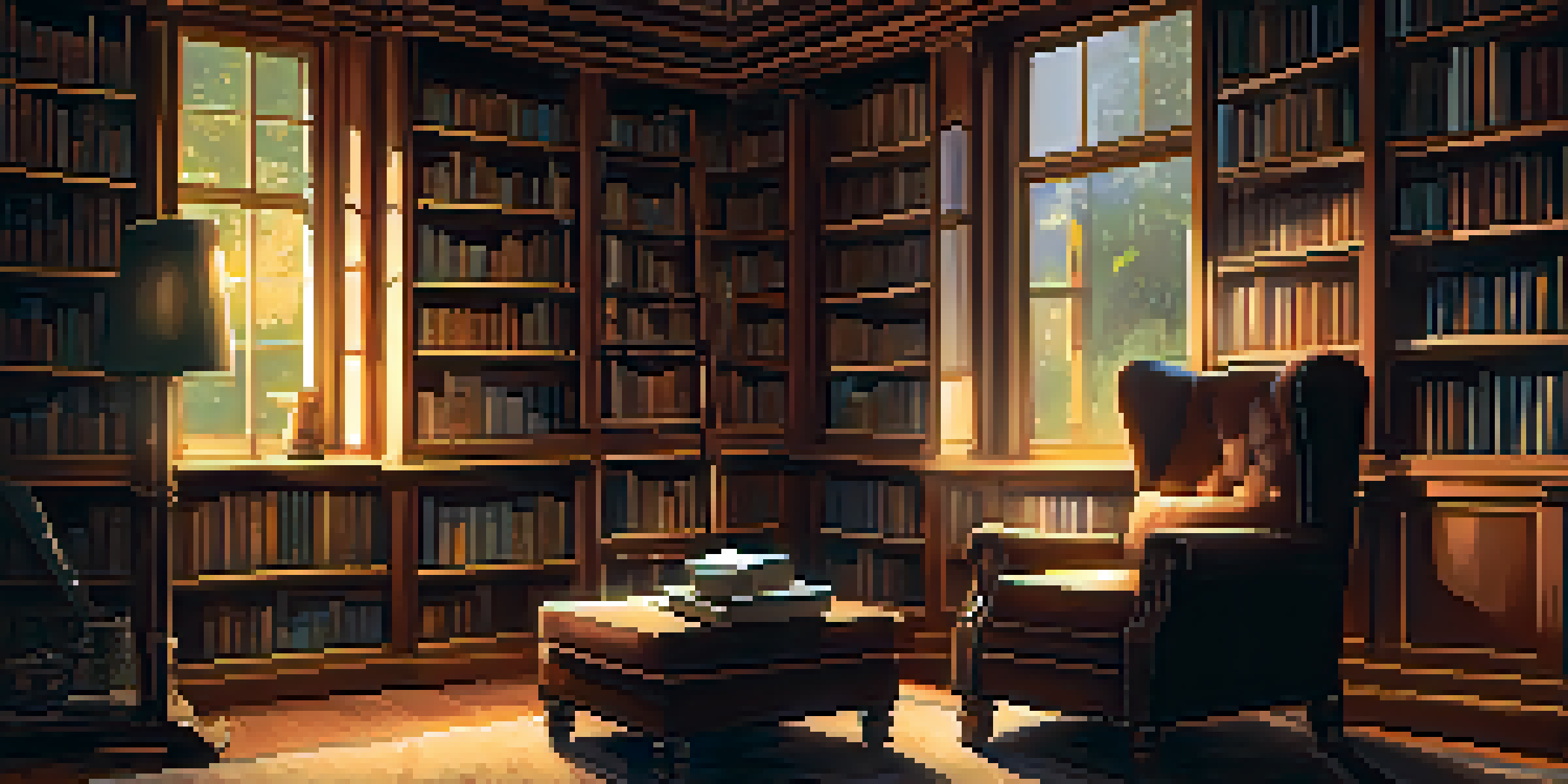 A person reading in a cozy library surrounded by books, with warm lighting and a comfortable armchair.