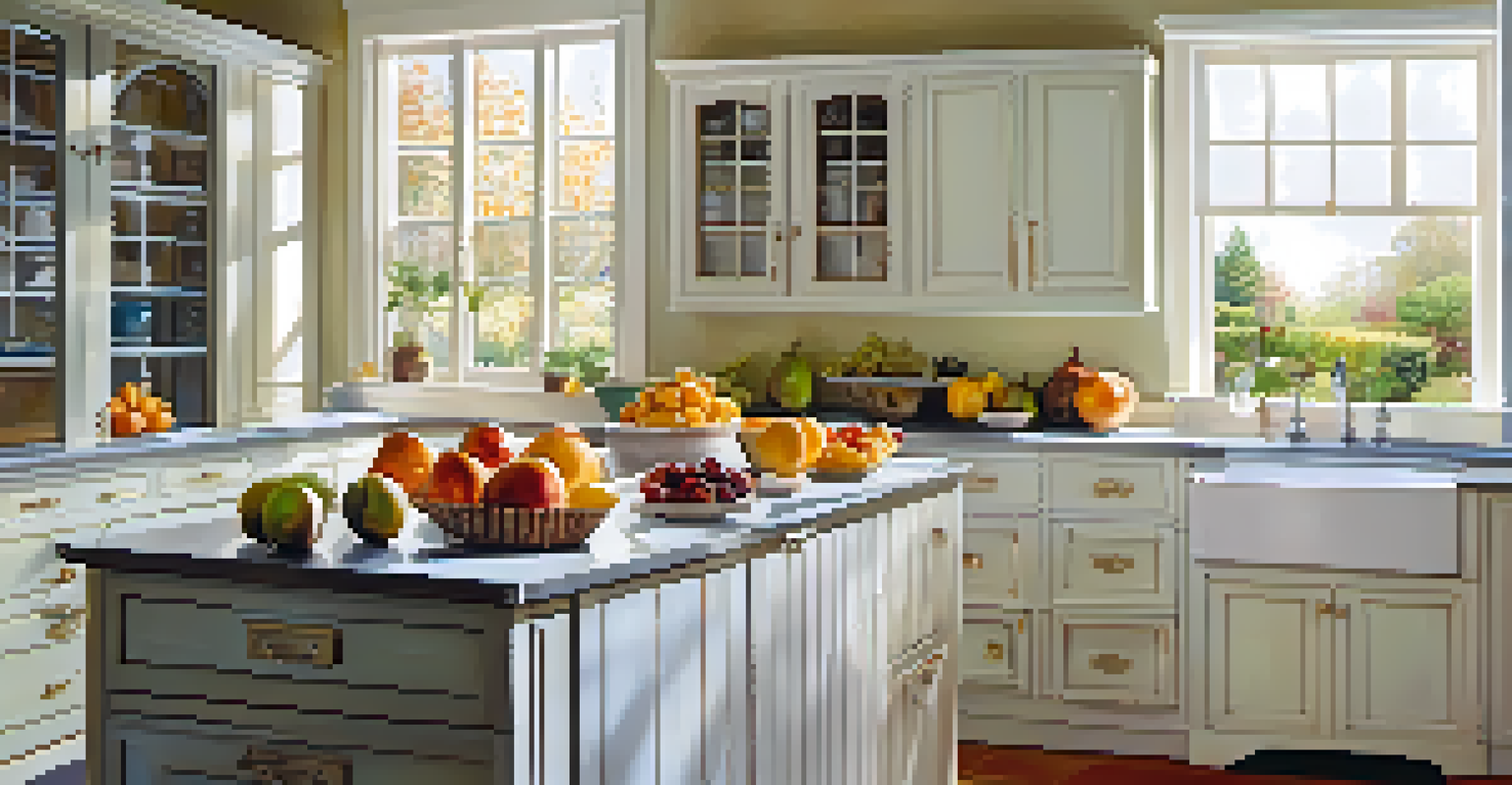 A vibrant kitchen with fresh fruits on the countertop, illuminated by sunlight, creating a colorful and inviting atmosphere.