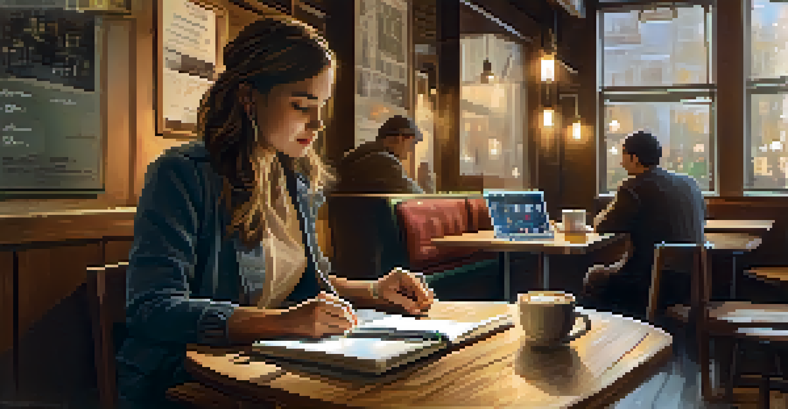 A person at a café working on a time audit, with a laptop, notepad, and cup of tea in a cozy setting.