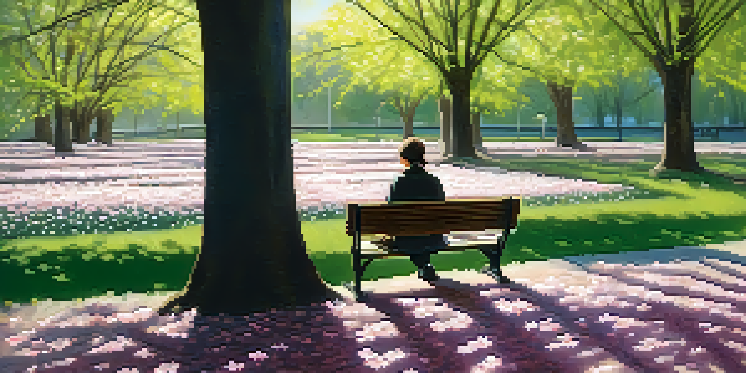 A person reading a book on a park bench surrounded by cherry blossom trees and sunlight filtering through the branches.