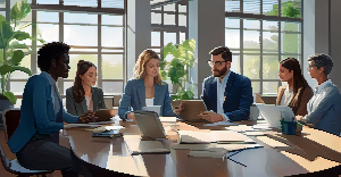 A diverse team engaged in a feedback session in a bright and inviting office space.