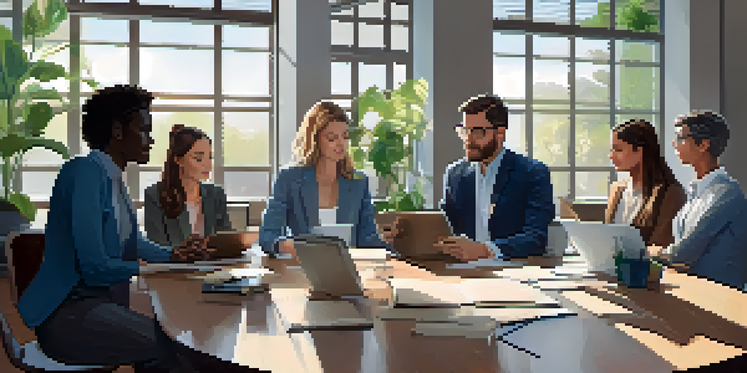 A diverse team engaged in a feedback session in a bright and inviting office space.