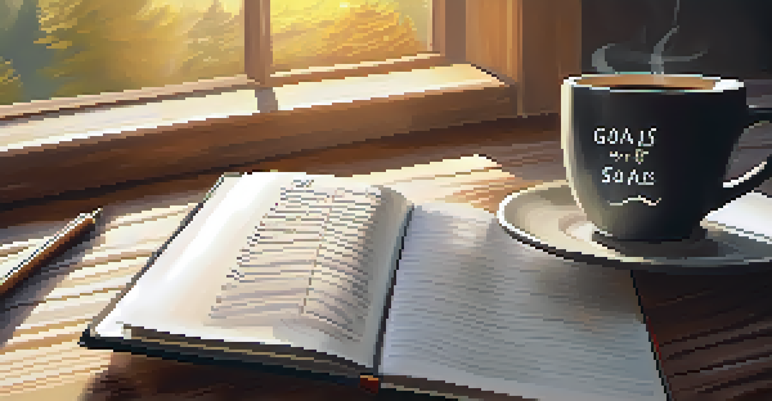 A hand writing goals in a journal on a wooden table, with a cup of coffee beside it and sunlight streaming through a window.