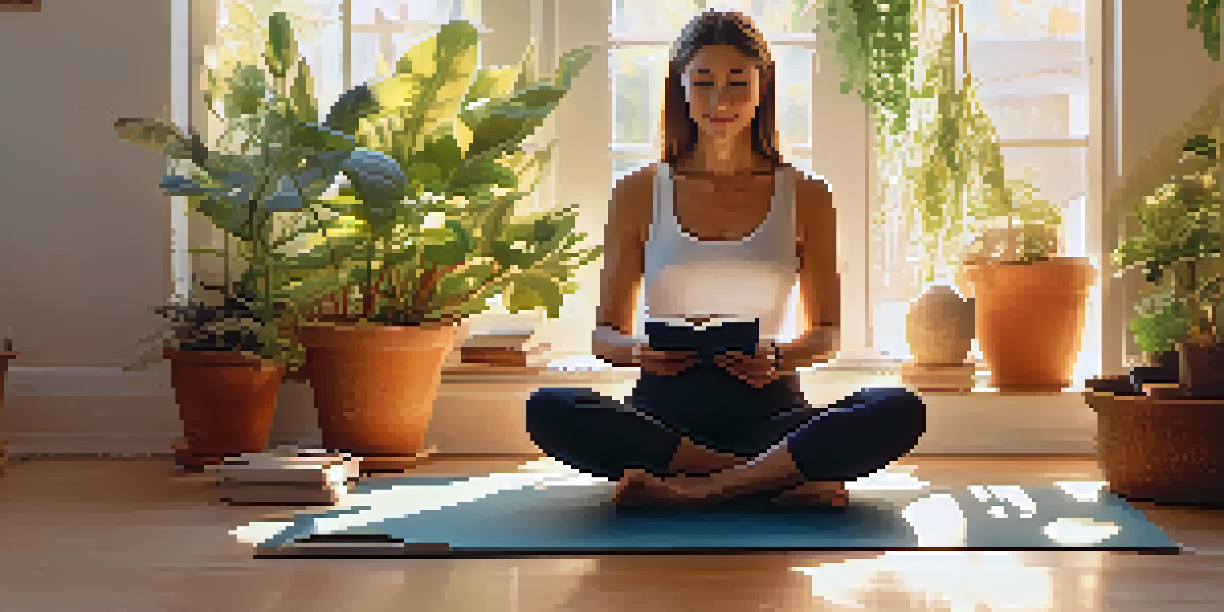 A woman practicing mindfulness, sitting on a yoga mat in a sunlit room with plants, holding a journal of positive affirmations.