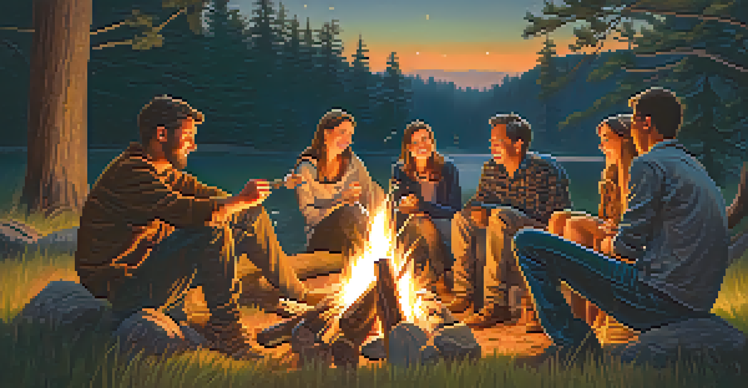 A group of friends gathered around a campfire at dusk, enjoying each other's company.