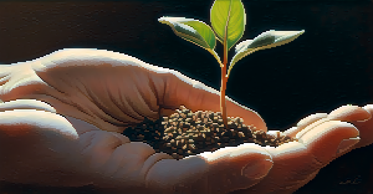 A close-up of hands holding a small seedling with a blurred natural background.