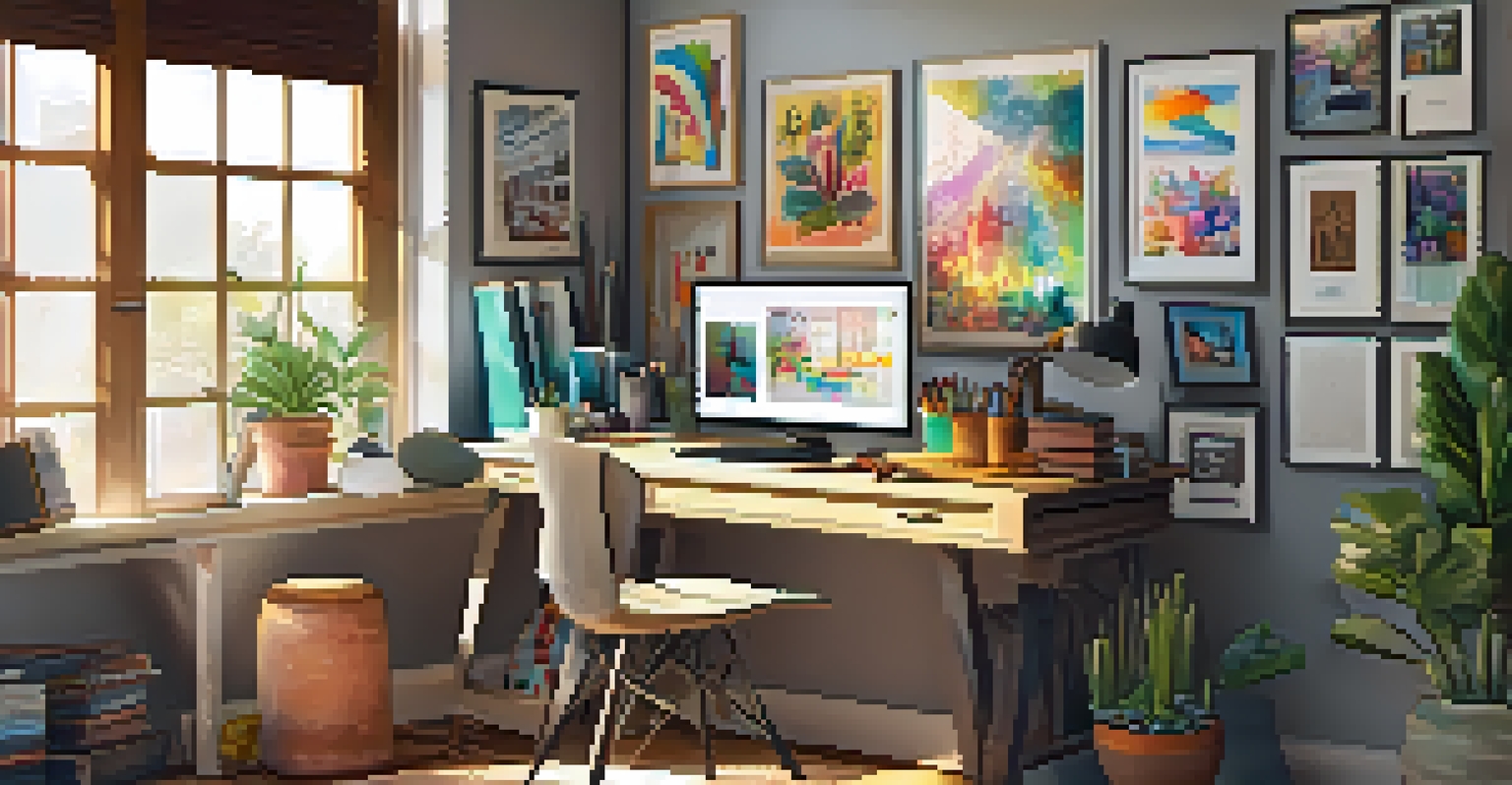 A creative workspace with art supplies, a sketchbook, and colorful artwork on the wall, illuminated by sunlight.