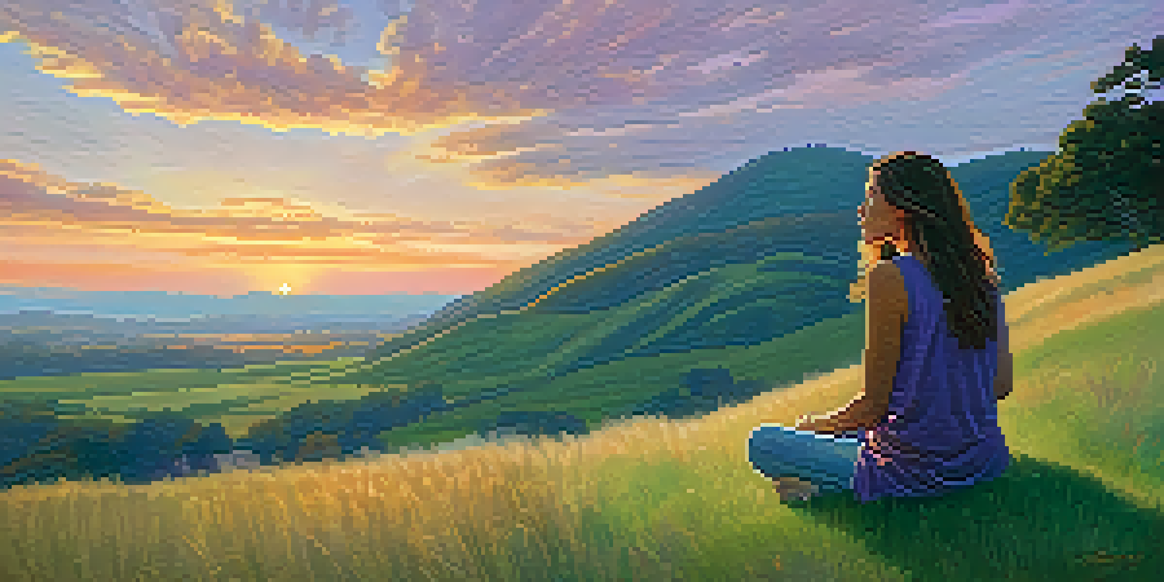 A person practicing mindfulness on a grassy hilltop during sunset, surrounded by vibrant colors in the sky.