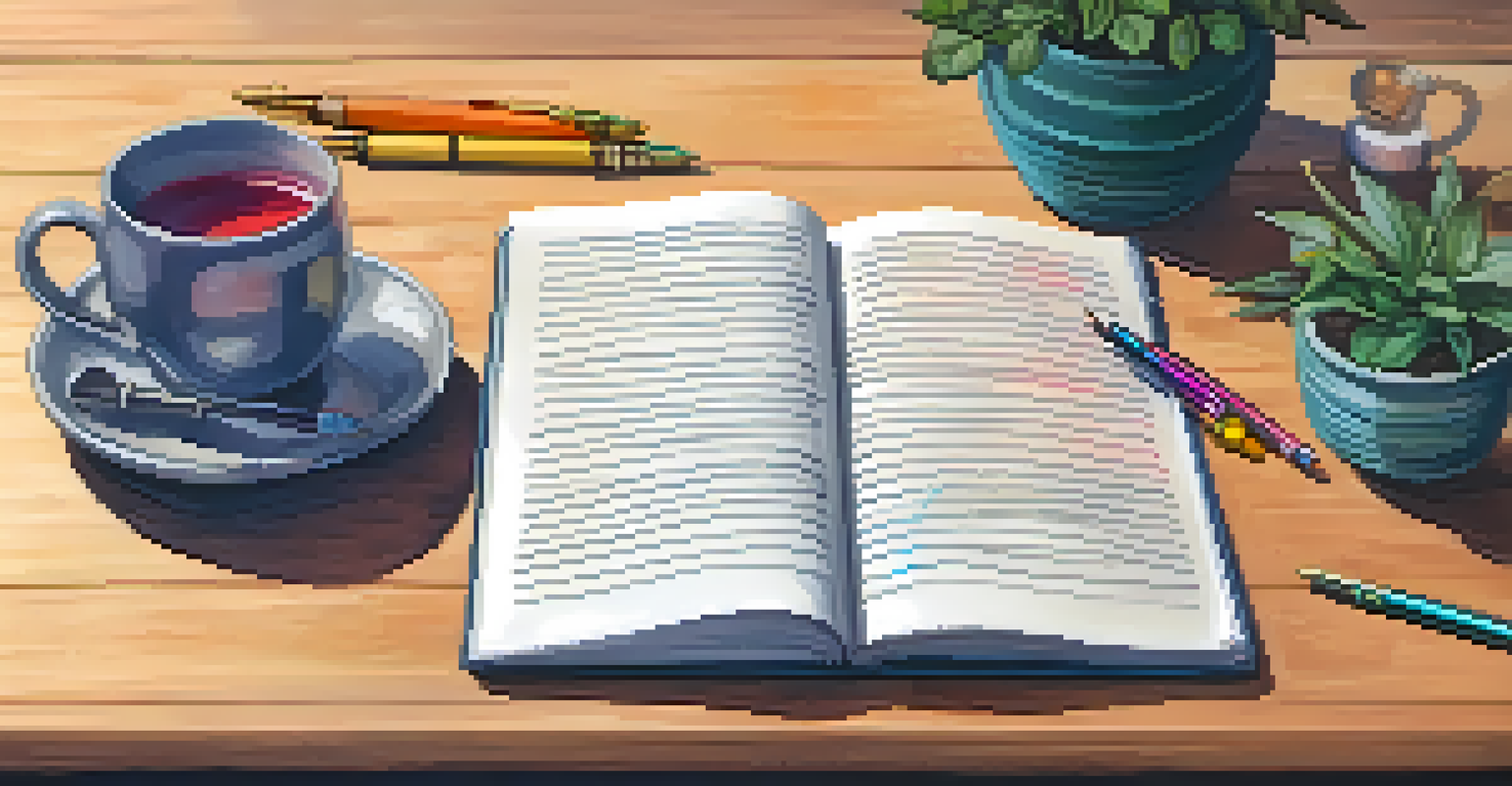 An open journal with colorful pens and a cup of tea, showcasing reflections on emotions and mindfulness practices.
